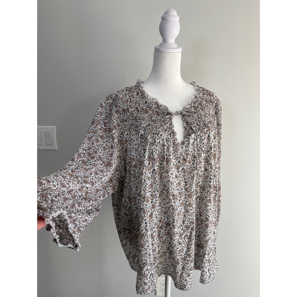 Lucky Brand Peasant Top Womens 3X White Brown Floral Smocked Boho Blouse Cotton